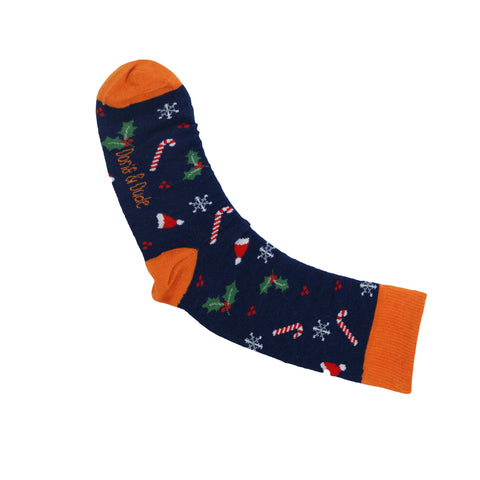 An image of a Navy Xmas Fun calf length sock by Doris & Dude