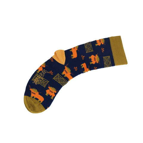 An image of a Navy Highland Cow calf length sock by Doris & Dude