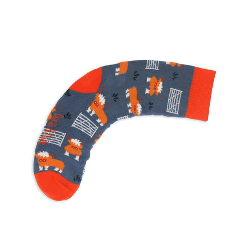 An image of a Grey Highland Cow calf length sock by Doris & Dude