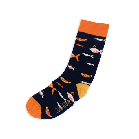An image of a Navy Fish calf length sock by Doris & Dude