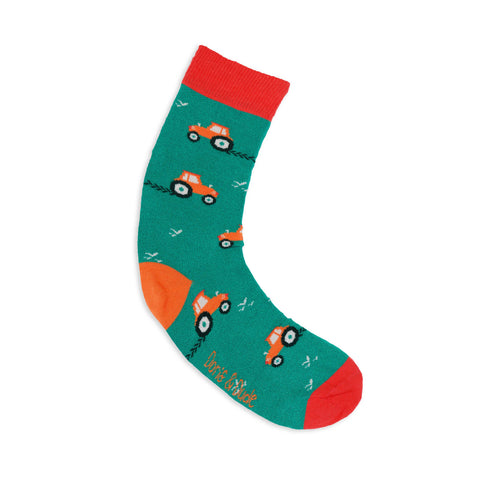 An image of a Green Tractor calf length sock by Doris & Dude