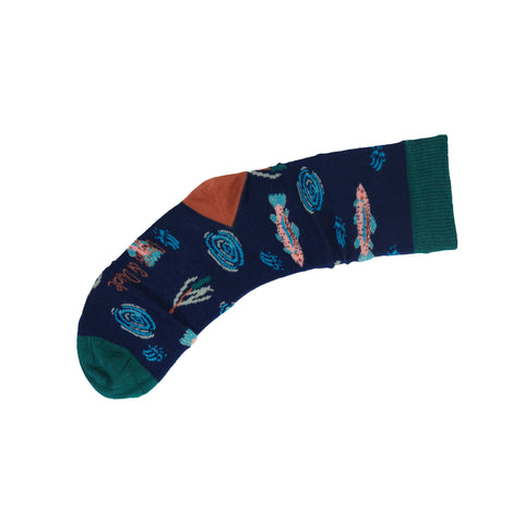 An image of a Navy Fish  calf length sock by Doris & Dude