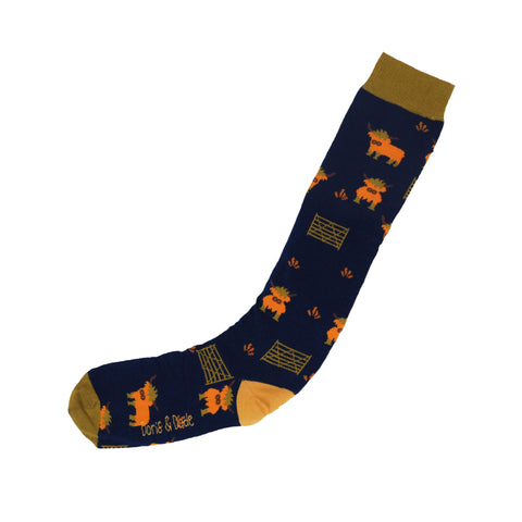 An image of a Navy Highland Cow  knee length sock by Doris & Dude