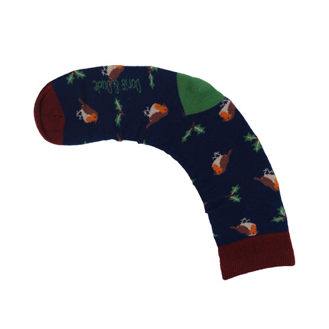An image of a Navy Robin  calf length sock by Doris & Dude