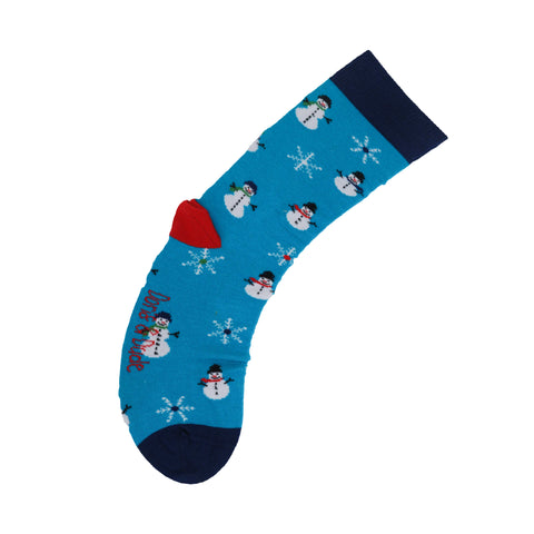 An image of a Blue Snowman  calf length sock by Doris & Dude