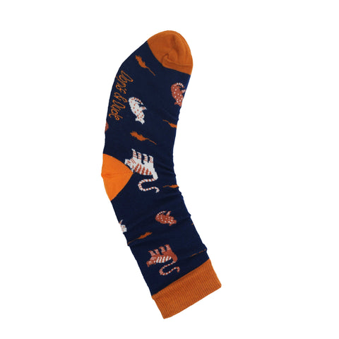 An image of a Navy Cat  calf length sock by Doris & Dude