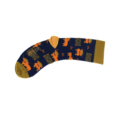 An image of a Navy Highland Cow  calf length sock by Doris & Dude