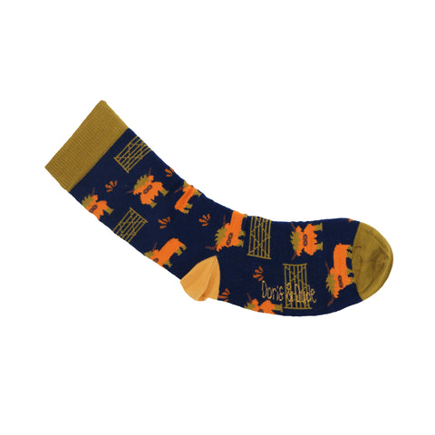 An image of a Navy Highland Cow  calf length sock by Doris & Dude